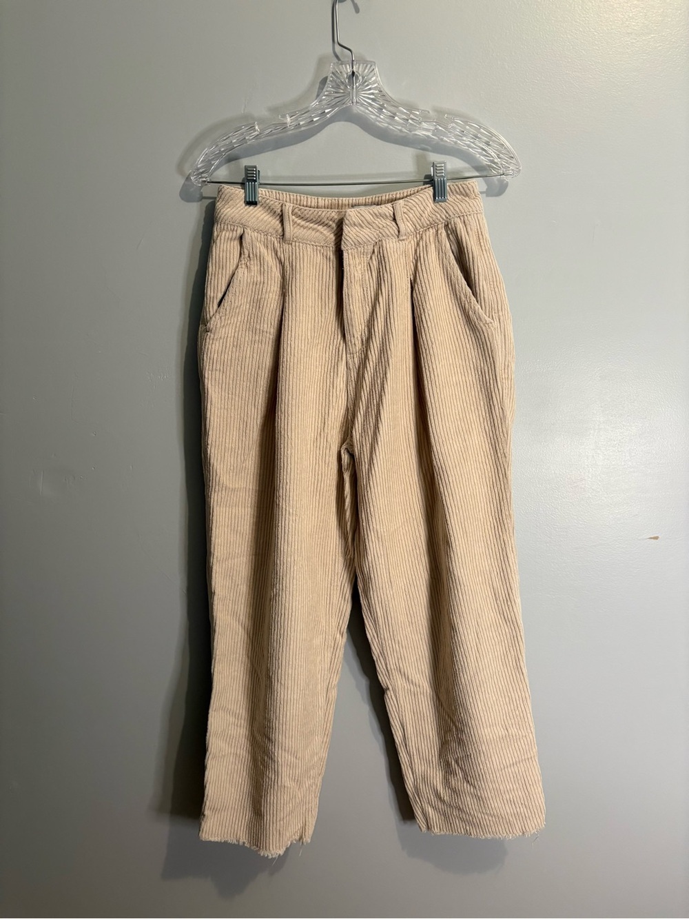 BDG Beige Corduroy Pants Relaxed Pleated Raw Frayed Hem Casual Fall Straight Leg